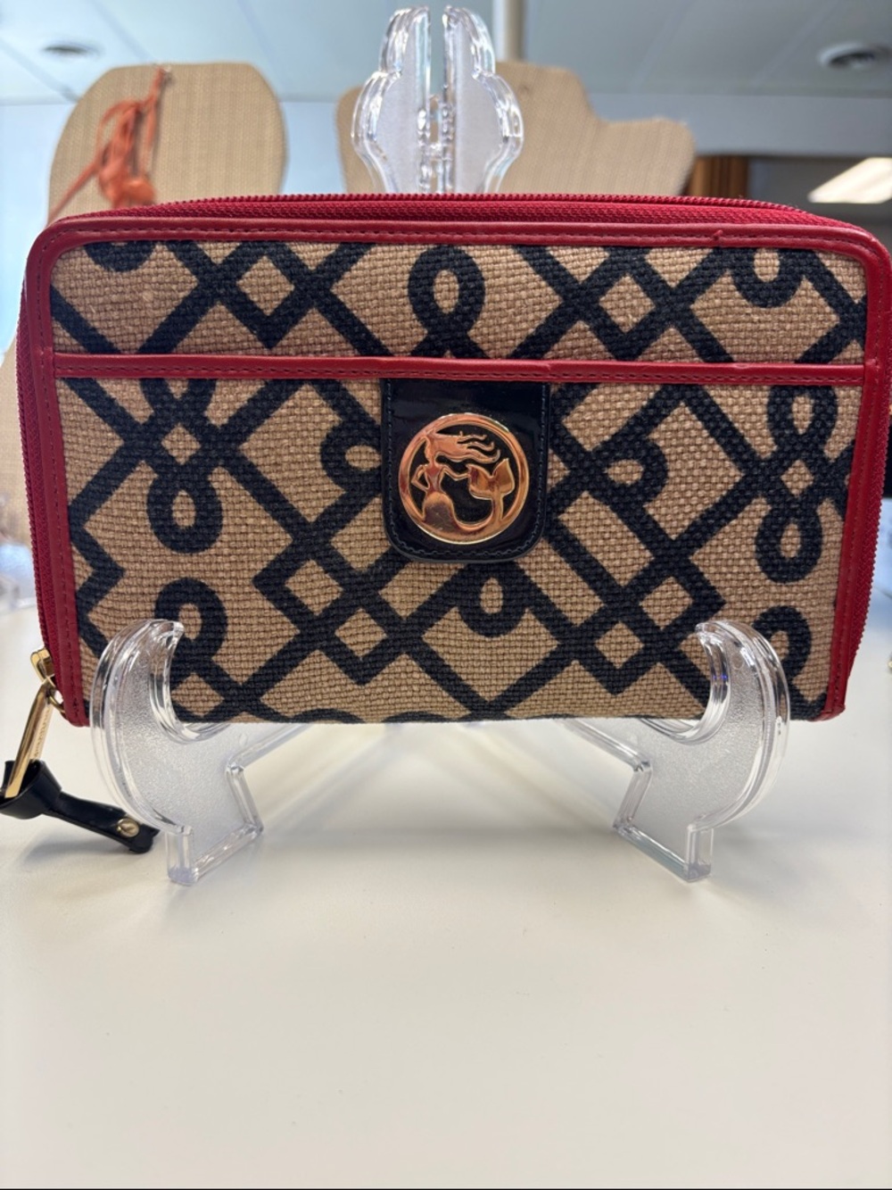 Spartina Canvas Zip Wallet with Red Trim and Geometric Print